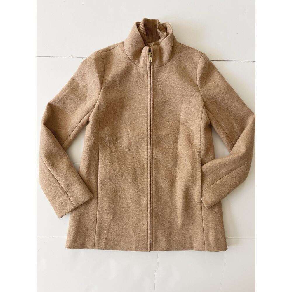J Crew Village Coat Women 0 Tan Wool Blend Full Zip Mock Neck Lined Pockets - Picture 2 of 11